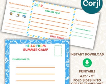 Printable Personalized Summer Camp Stationery Primary Trifold Envelope Prompts Letters from Home Fill In Lined Care Package Girl Boy Custom