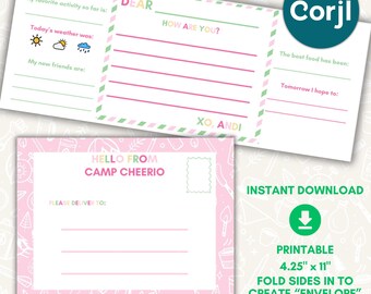 Printable Personalized Summer Camp Stationery Pink Trifold No Envelope Prompts Letters from Home Fill In Lined Care Package Girl Boy Custom