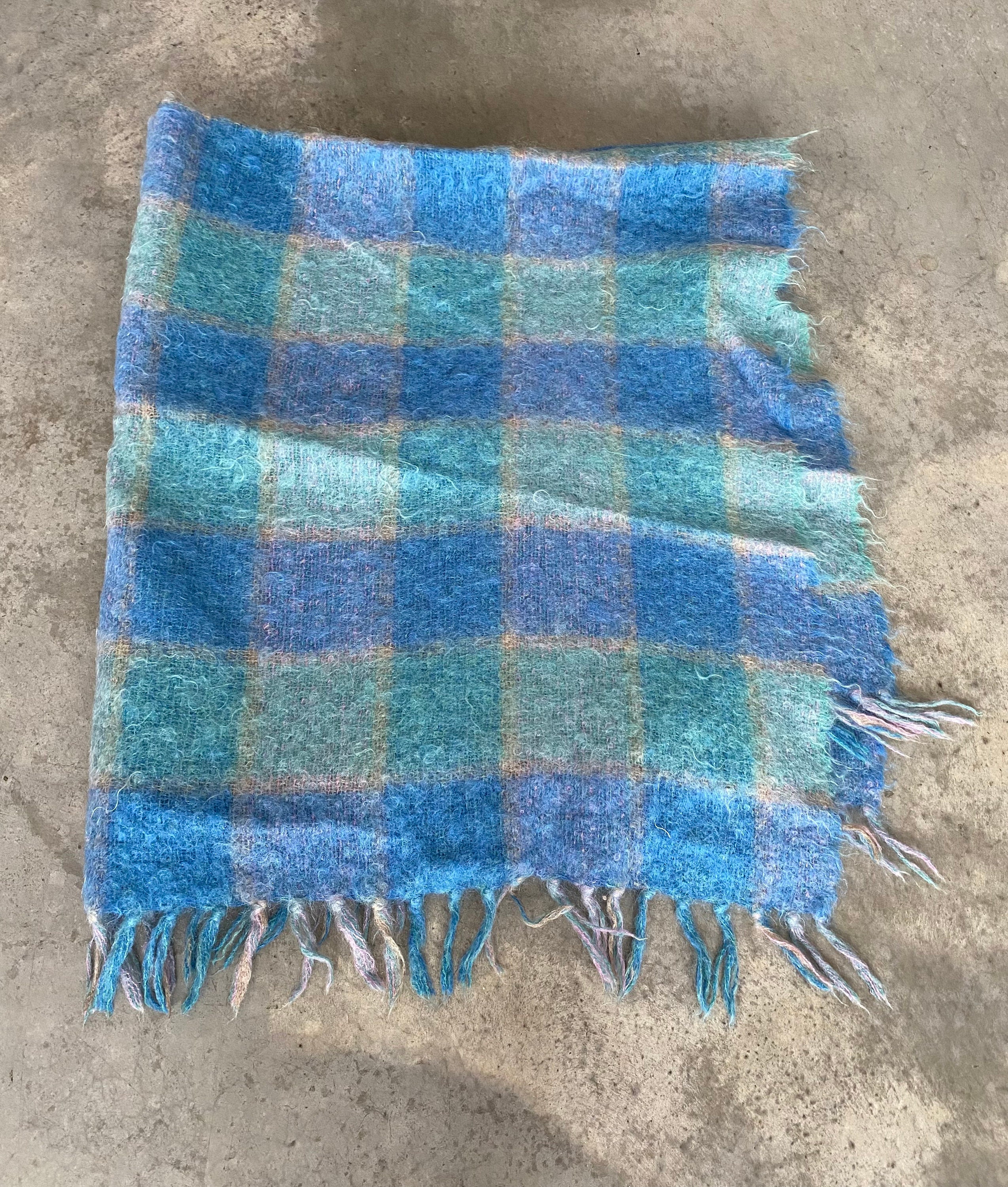 DonegalDesign ブランケット　ヴィンテージ　アイルランド　手織り Vintage Donegal Design Mohair Wool Blue Checkered Handwoven