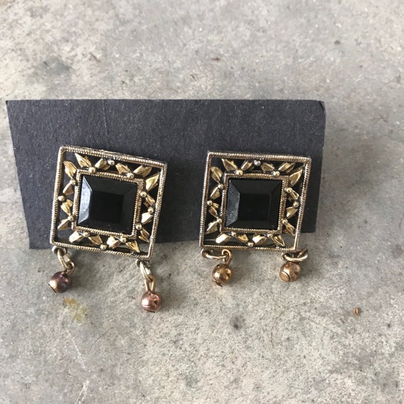 Vintage 1990s Square Black Faceted Dangle Earrings - image 1