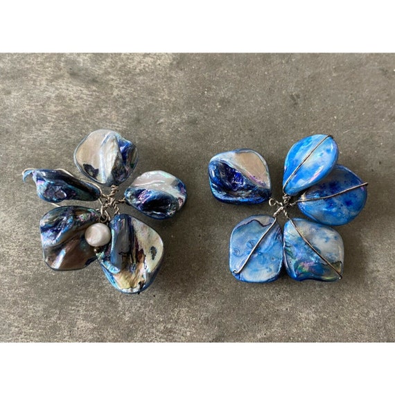 Abalone Shell Blue Pearl Floral Handmade Earrings - image 1