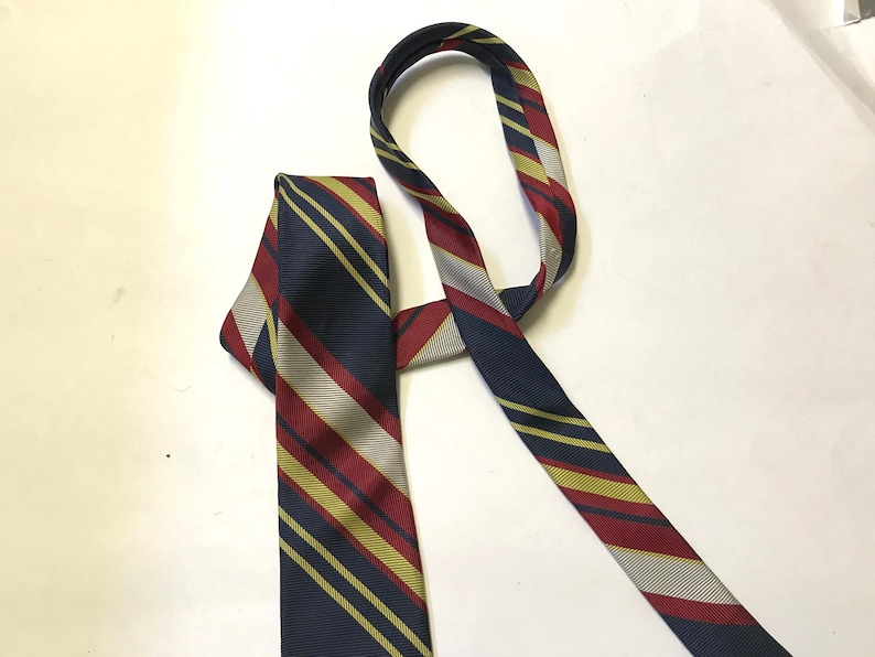 Hardy Amies London Silk Striped Red Yellow Ivory Blue Mens 1980s Tie