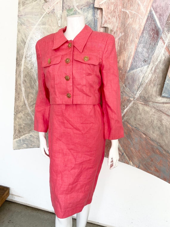 Vintage Scaasi 1980s Pink Linen Sheath Dress and … - image 8