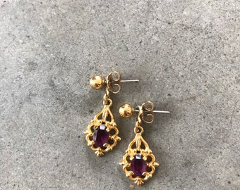 Vintage Gold Tone Purple Baroque Rhinestone Dangle Drop Earrings