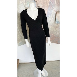 Black Wool Dress Tie Waist Long Sheath Stretch Size Medium