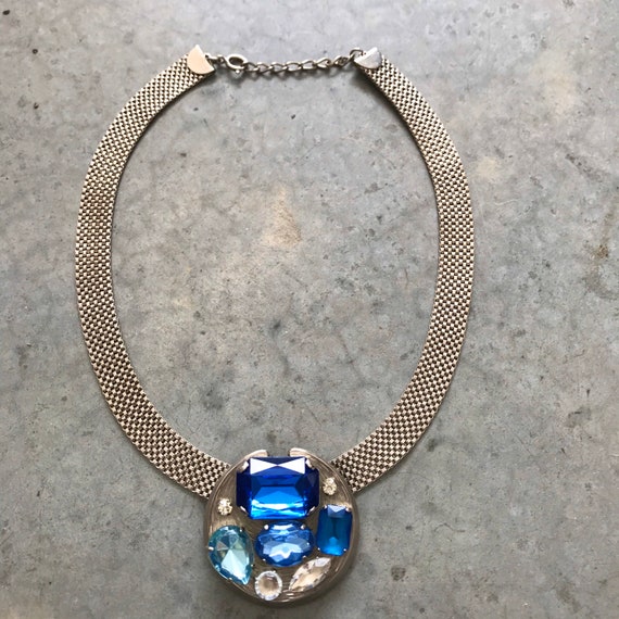 1980s Statement Blue Silver Crystal Stainless Ste… - image 1