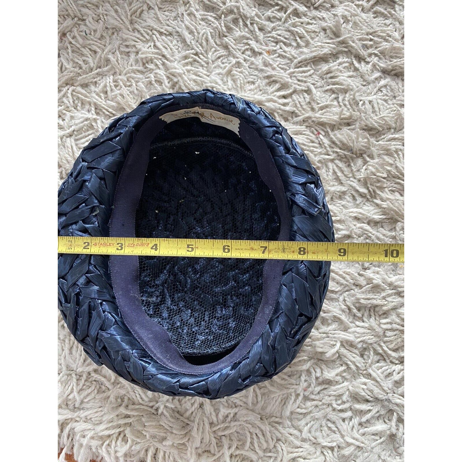 Vintage Pillbox Hat Saks Fifth Avenue Dark Navy Blue Straw  display picture 1