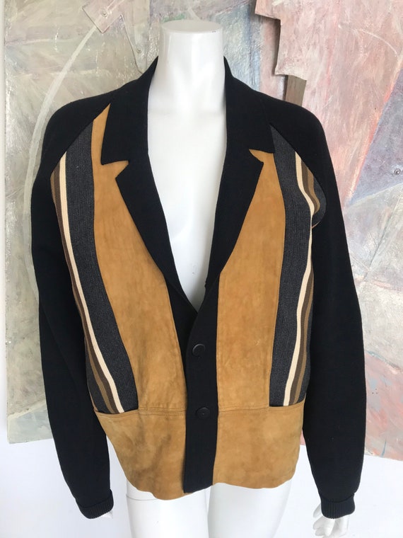 Vintage Suede Leather Wool Striped Black Beige Gre