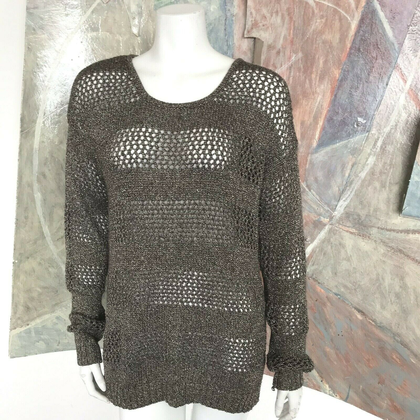 America 525 Metallic Brown Gold Open Weave Knit Womens Sweater Size Medium