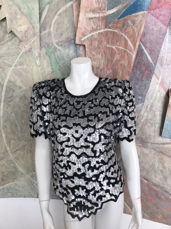 Vintage Laurence Kazar Black Silver Sequined Silk