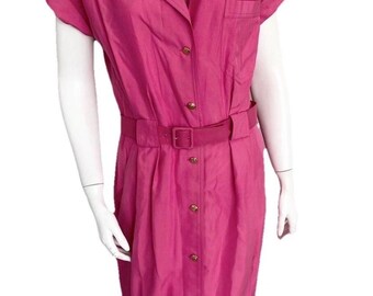 Vintage 1990s Argenti Pink Silk Belted Shirt Dress Size 12