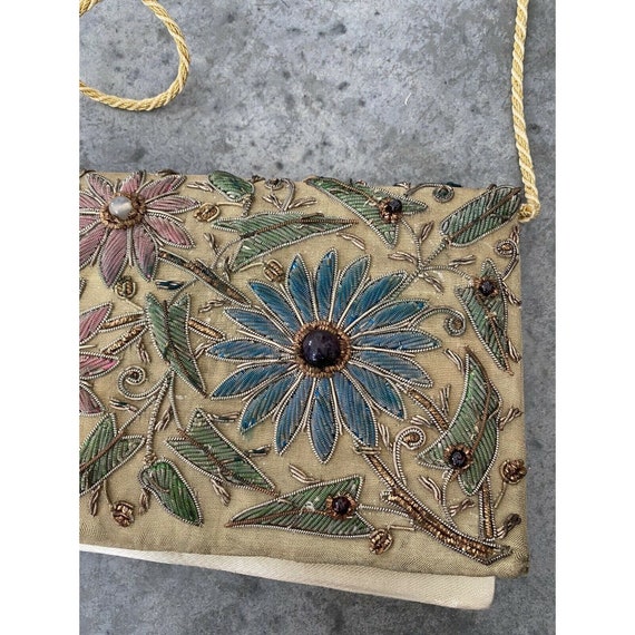 Vintage Floral Bag Beaded Metallic 1970s Metallic… - image 9