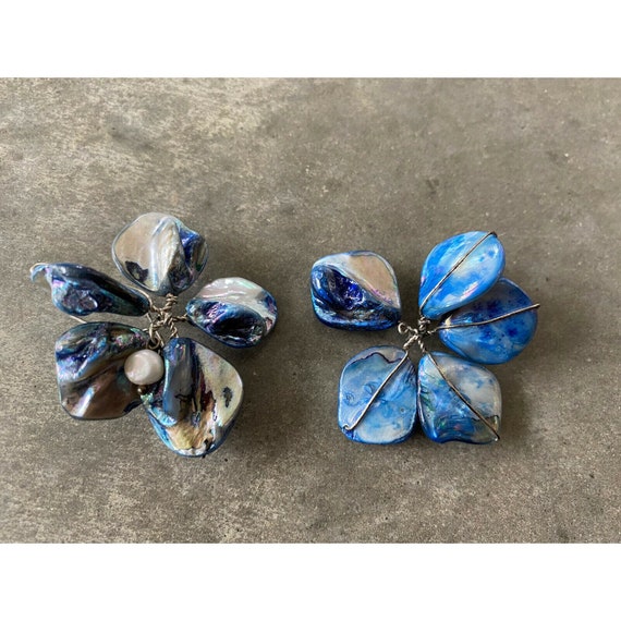 Abalone Shell Blue Pearl Floral Handmade Earrings - image 3