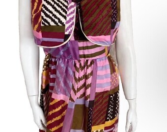 Vintage Silk Pleated Patterned 1960s Short Sleeveless Dress Size Small / Medium