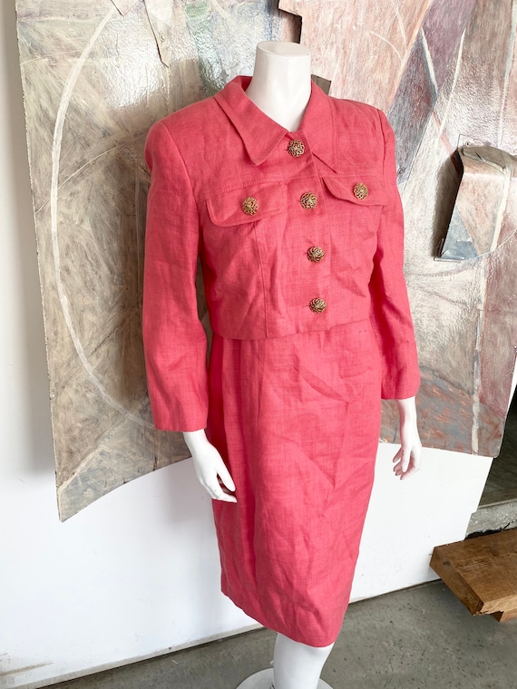 Vintage Scaasi 1980s Pink Linen Sheath Dress and … - image 5