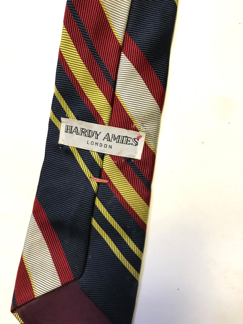Hardy Amies London Silk Striped Red Yellow Ivory Blue Mens 1980s Tie