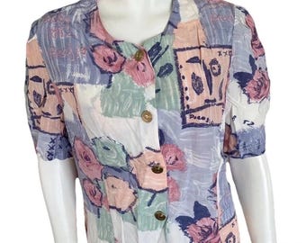 Vintage Floral Blouse Top Pastel Button Up Watercolor Small