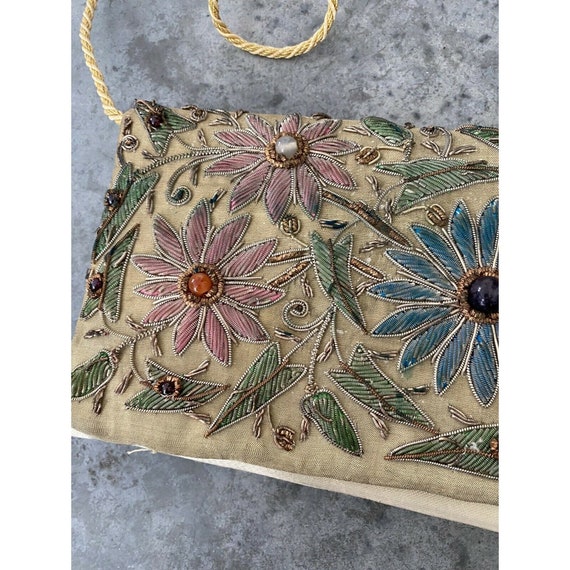 Vintage Floral Bag Beaded Metallic 1970s Metallic… - image 3