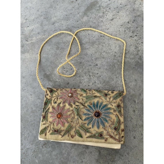 Vintage Floral Bag Beaded Metallic 1970s Metallic… - image 8