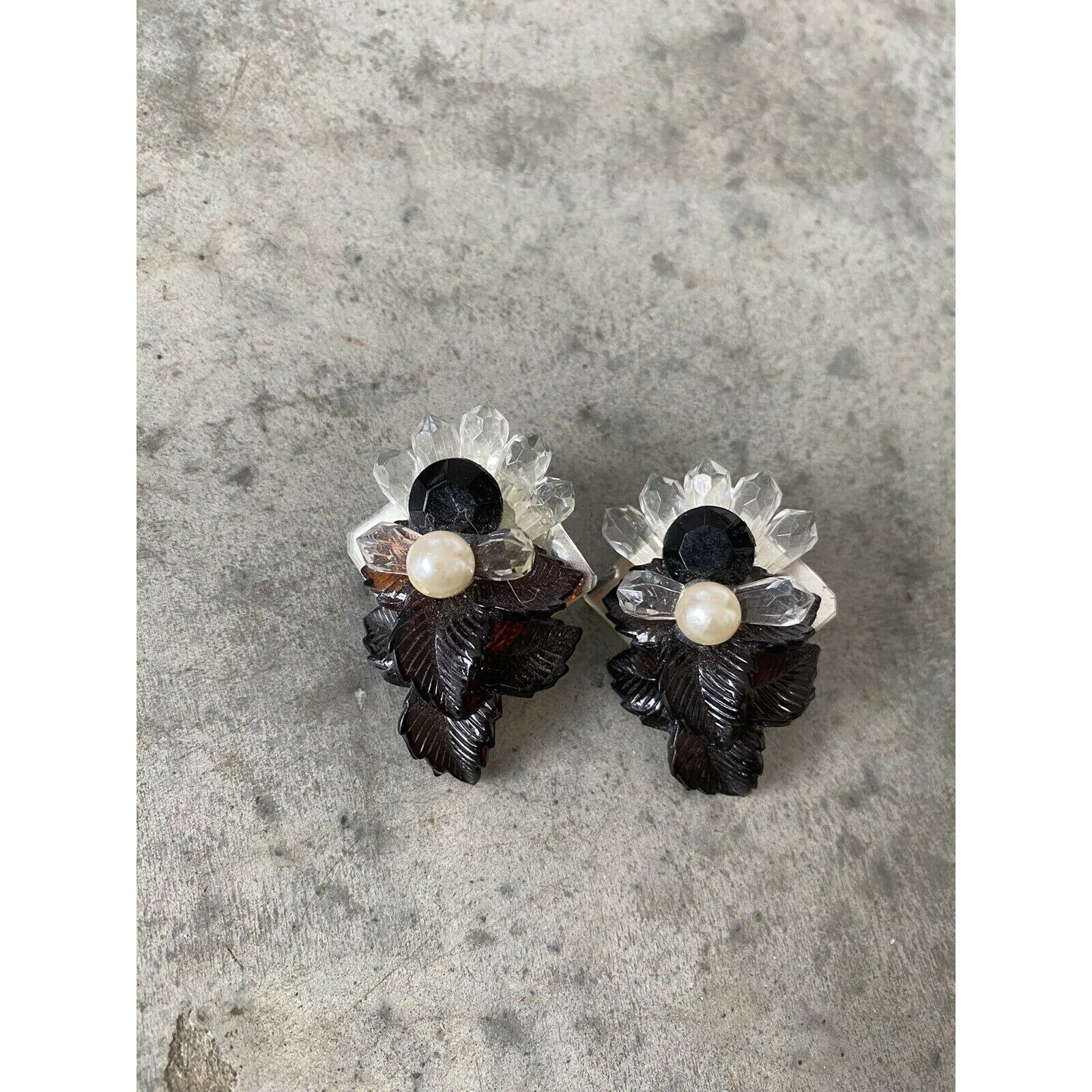 Vintage Statement Earrings Black Pearl Leaf Motif Pierced