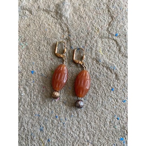 Vintage Earrings Dangle Copper Glass Orange Stone 1.75 Inches Beaded