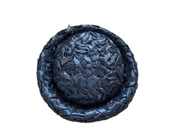 Vintage Pillbox Hat Saks Fifth Avenue Dark Navy Blue Straw  display picture 3