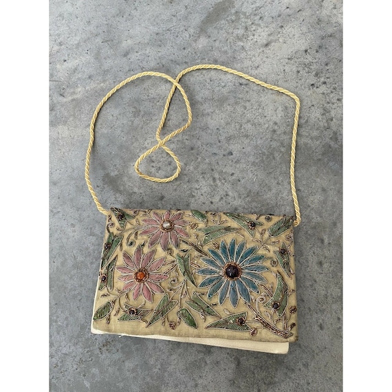 Vintage Floral Bag Beaded Metallic 1970s Metallic… - image 1