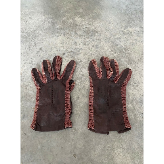 Vintage Gloves Womens Brown Leather Knit Size 8 - image 1