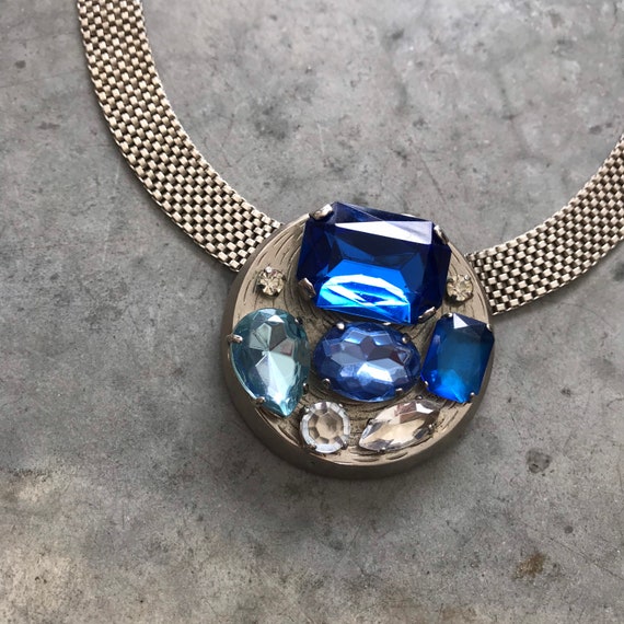 1980s Statement Blue Silver Crystal Stainless Ste… - image 5