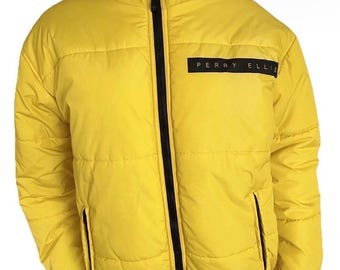 90s PERRY ELLIS PORTFOLIO ジップポケット バケット Vintage Perry Ellis Portfolio Coat Jacket Yellow Puffer Spell Out