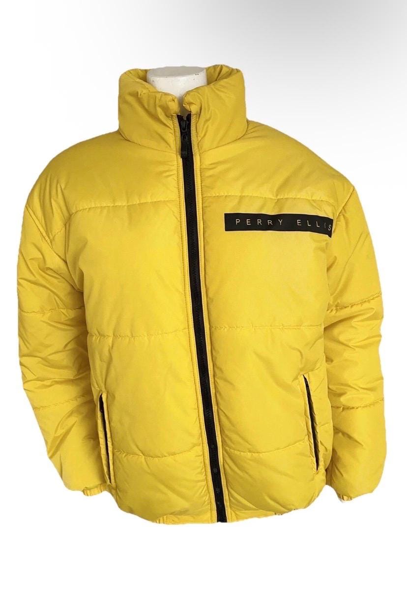 Vintage Perry Ellis Portfolio Coat Jacket Yellow Puffer Spell Out