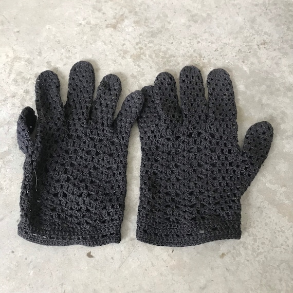 Vintage Hand Crochet Black Open Knit Womens Glove… - image 1