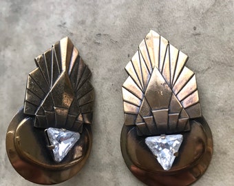 Ermani Bulatti Art Deco Bronze Rhinestone Statement Earrings for Pierced Ears