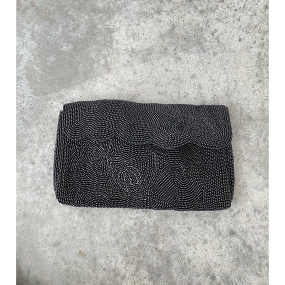 Vintage Clutch Purse Black Silk Hand Beaded Bag S… - image 1