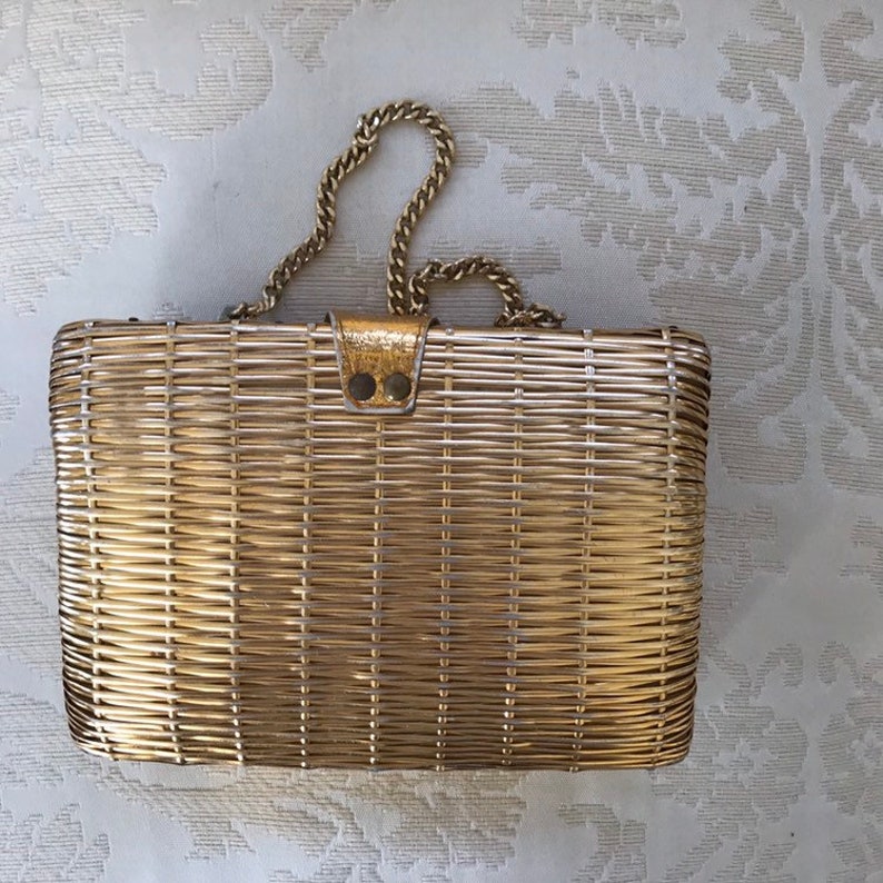 Vintage La Fleur Original Gold Basket Weave Purse Handbag Evening Bag