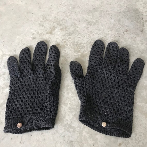 Vintage Hand Crochet Black Open Knit Womens Glove… - image 3