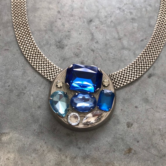 1980s Statement Blue Silver Crystal Stainless Ste… - image 4