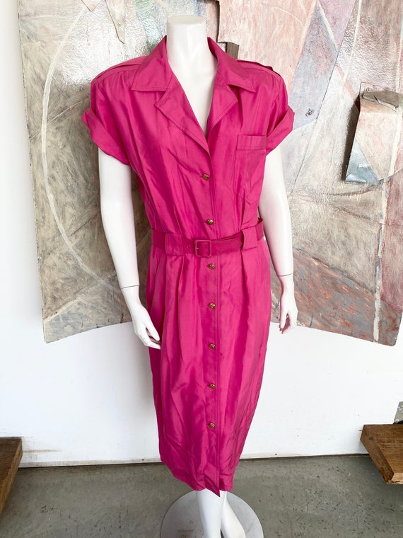 Vintage 1990s Argenti Pink Silk Belted Shirt Dress