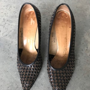 Vintage 1970s Gamins Woven Brown Black  Leather Pointed Heels Shoes Size 6 B