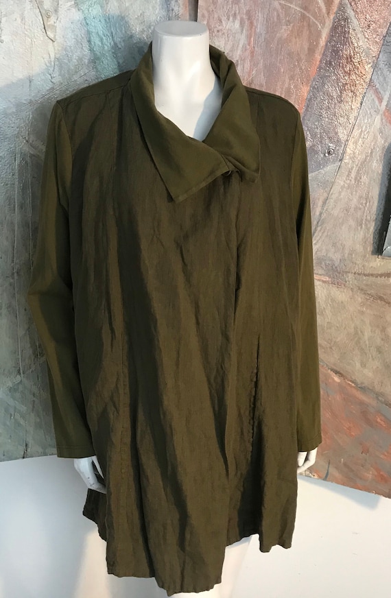 Flax Linen Olive Green Lagenlook Duster Pocketed B