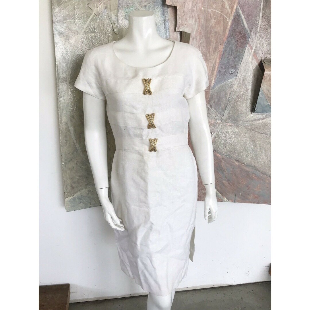 【関税&送料込】Genny Dresses White Genny White Linen Gold Rhinestone Sheath Short Sleeve Dress