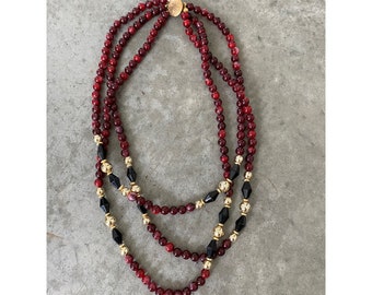 Vintage Layering Collier Or Rouge Faceté Noir