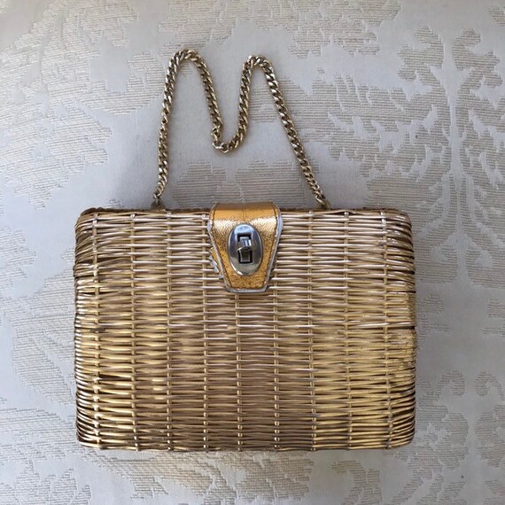 Vintage La Fleur Original Gold Basket Weave Purse… - image 7