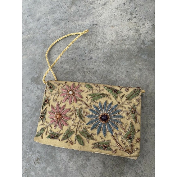 Vintage Floral Bag Beaded Metallic 1970s Metallic… - image 4