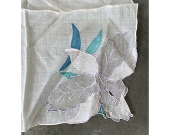 Vintage Floral Handkerchief Embroidered Appliqué White 1960s