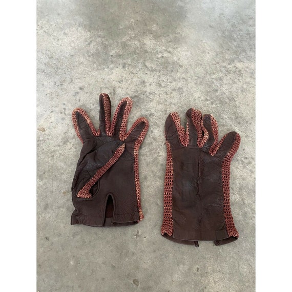 Vintage Gloves Womens Brown Leather Knit Size 8 - image 2