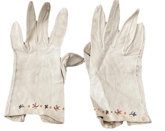 Guantes vintage de cuero hechos a mano, con bordado floral color marfil y crema, talla 6.5.