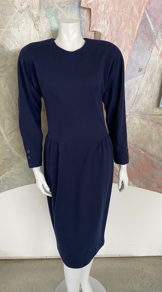 Vintage David Warren Navy Blue Wool Sheath Dress S