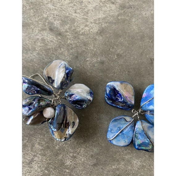Abalone Shell Blue Pearl Floral Handmade Earrings - image 4