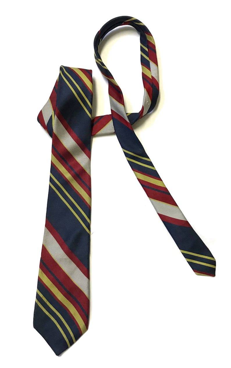 Hardy Amies London Silk Striped Red Yellow Ivory Blue Mens 1980s Tie